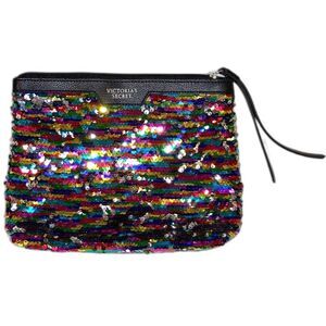 VICTORIAS SECRET Makeup Cosmetic Stripe Sequin Clutch Bag Rainbow 10 x 7.5 x 2 "